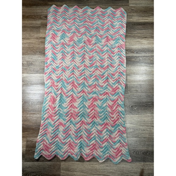 Handmade Other - Handmade Crochet Baby Blanket Pink Teal Cream Chevron Ripple Zig Zag Throw 24x45
